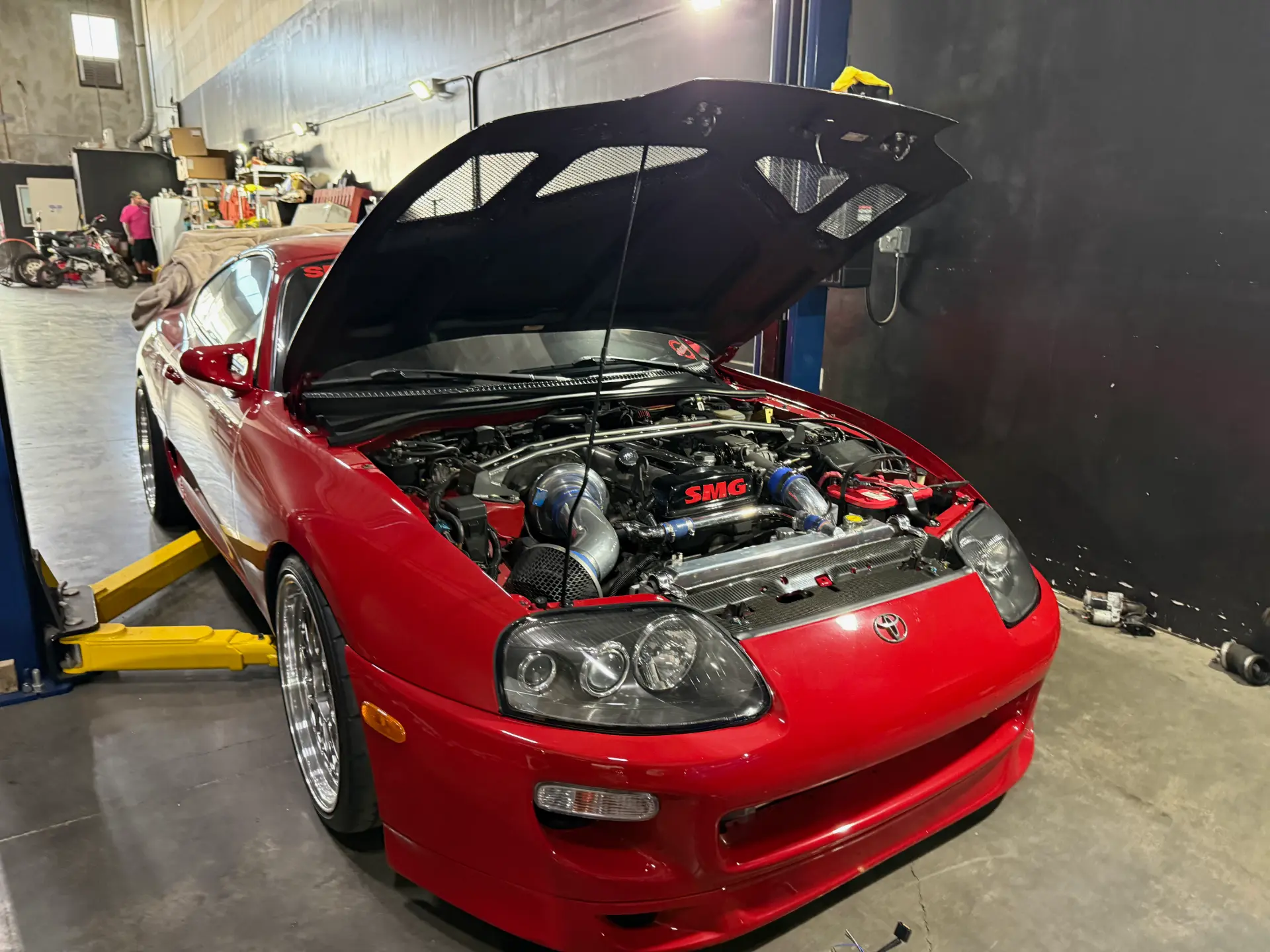 Turbocharged Toyota Supra in the service bay