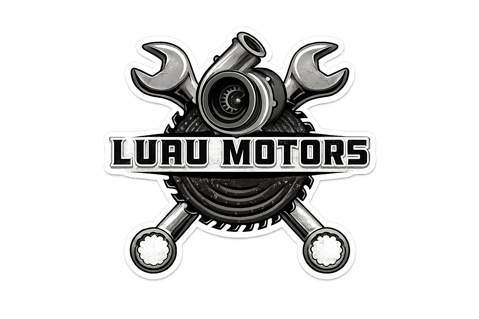 Luau Motors logo — crossed wrenches, turbo and tire